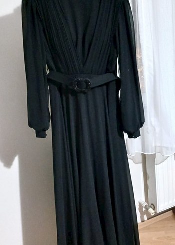 Uzun Siyah Drape Detaylı Tesettür Abiye - Görsel 2