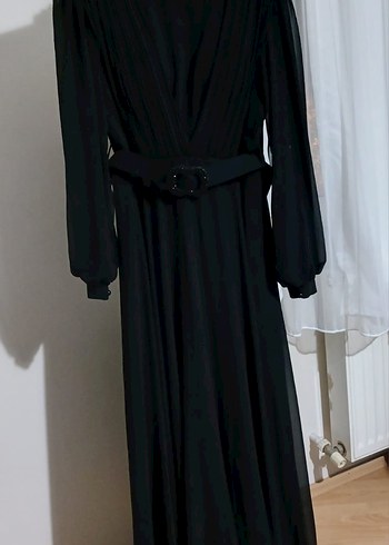 Uzun Siyah Drape Detaylı Tesettür Abiye - Görsel 3