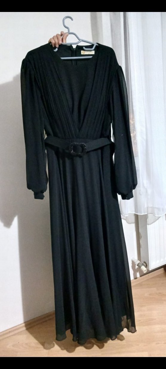 Uzun Siyah Drape Detaylı Tesettür Abiye - Görsel 2