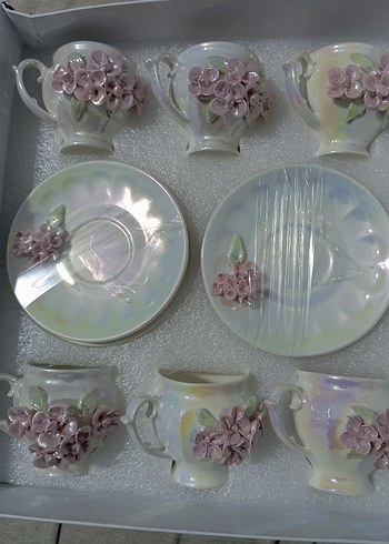 Pastel Beyaz Seramik Çiçekli Fincan Takımı - Görsel 2