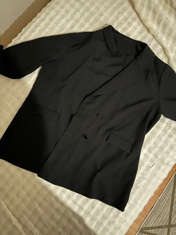 Siyah Kadın Midi Boy Düğmeli Blazer Ceket - Görsel 2