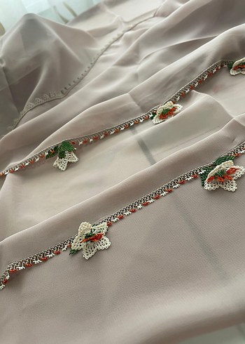 Namaz başörtüsü krep Boncuklu Bej Gri İpek Görünümlü Kadın Şal - Görsel 2