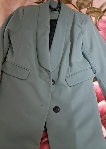 Düğmeli çağla yeşili Midi Kadın Blazer Ceket - Görsel 2