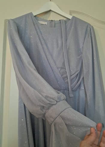 Uzun Kollu Gri Kadın Abiye Elbise - Görsel 2