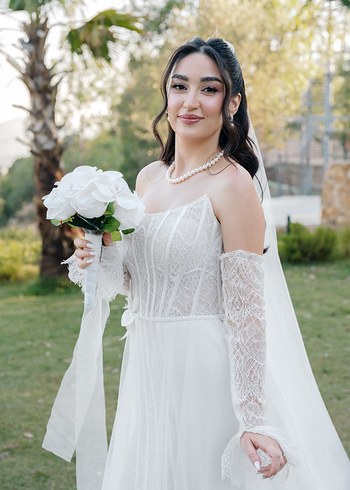 Uzun Kollu Straplez Beyaz Bohem Gelinlik - Görsel 2