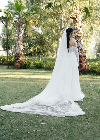 Uzun Kollu Straplez Beyaz Bohem Gelinlik - Görsel 3