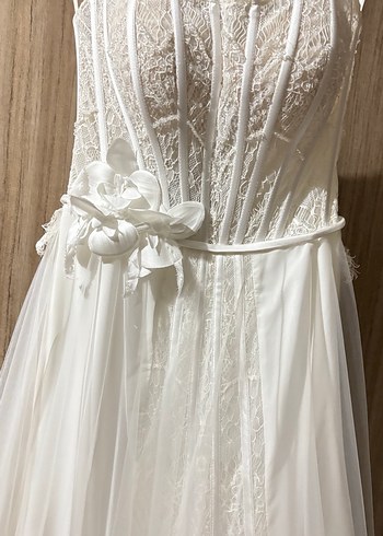 Uzun Kollu Straplez Beyaz Bohem Gelinlik - Görsel 7