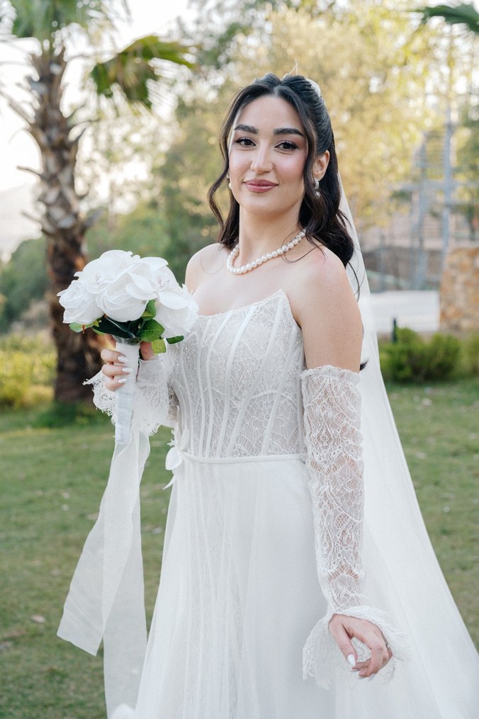 Uzun Kollu Straplez Beyaz Bohem Gelinlik - Görsel 2