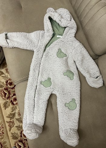 Gri Peluş Bebek Tulumu Kapüşonlu