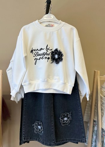 Kız Çocuk Gri Baskılı Geniş Paça Kot Pantolonlu takım 6-10 yaş - Görsel 2