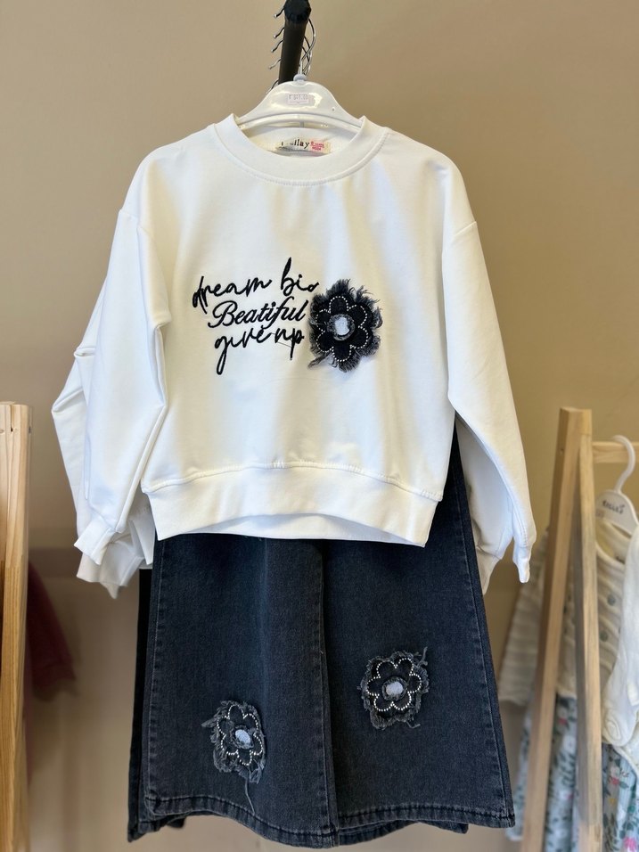 Kız Çocuk Gri Baskılı Geniş Paça Kot Pantolonlu takım 6-10 yaş - Görsel 2