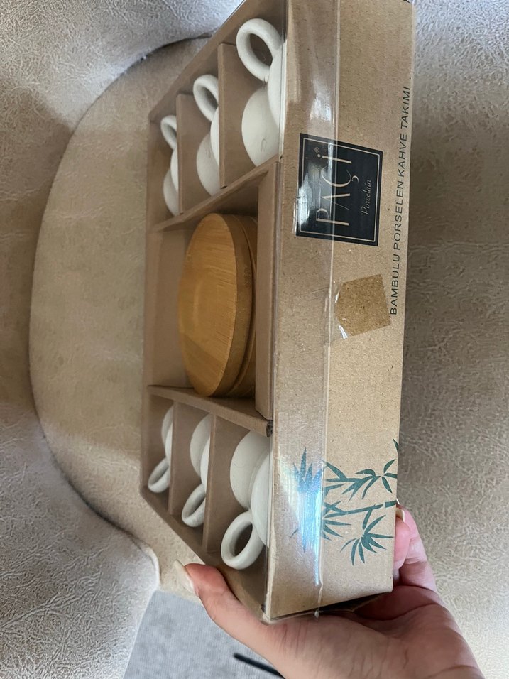 6'lı Beyaz Porselen Fincan Seti Ahşap - Görsel 2