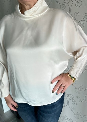 Zara Beyaz Saten Yüksek Yakalı Kadın Bluz - Görsel 2