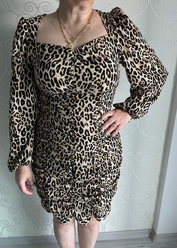 H&M Leopar Desenli Uzun Kollu Kadın Midi Elbise - Görsel 2