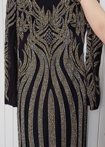 Siyah Payetli Uzun Kollu Bisiklet Yakalı Abiye Elbise - Görsel 2