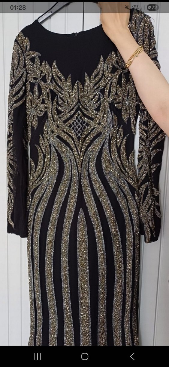 Siyah Payetli Uzun Kollu Bisiklet Yakalı Abiye Elbise - Görsel 2