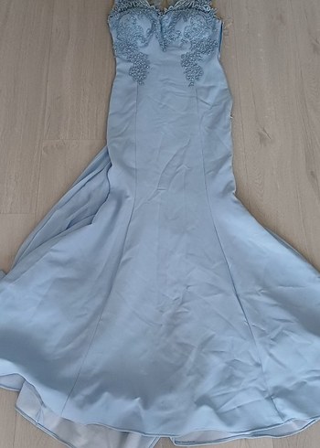 Boncuk İşlemeli V Yaka Mavi Abiye Elbise - Görsel 2