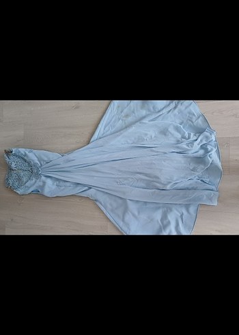 Boncuk İşlemeli V Yaka Mavi Abiye Elbise - Görsel 3