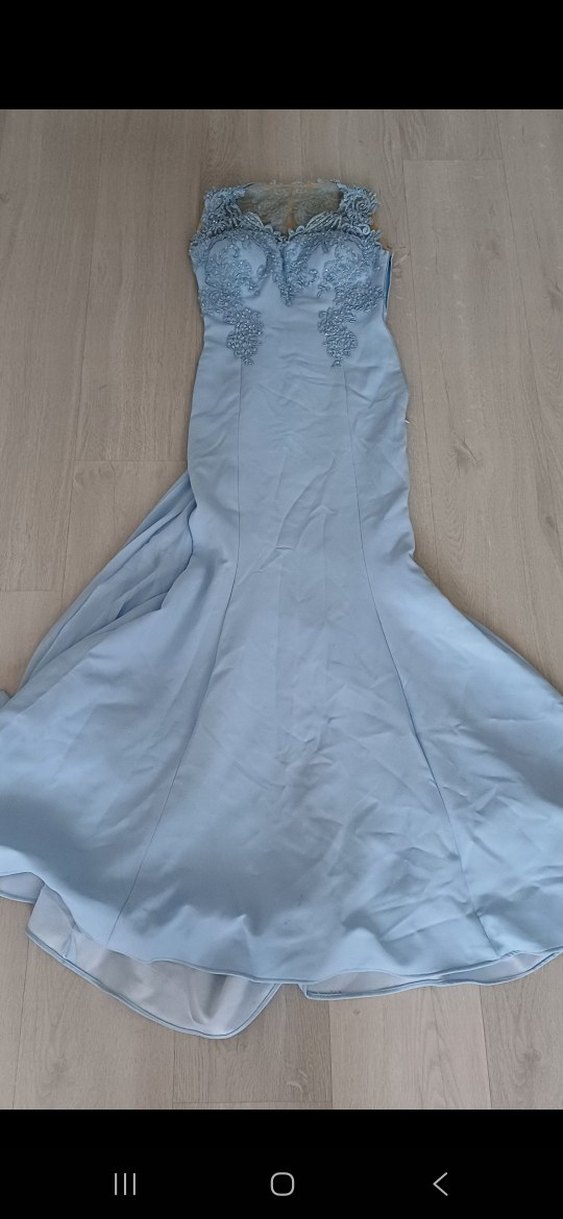 Boncuk İşlemeli V Yaka Mavi Abiye Elbise - Görsel 2