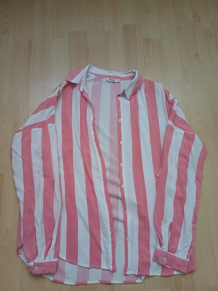 Pembe Çizgili Düğmeli Uzun Kollu Kadın Gömlek - Görsel 2