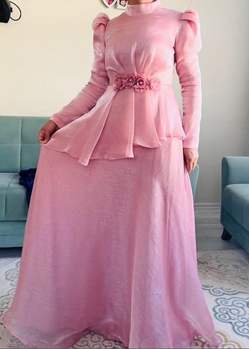 40 Beden Pudra Pembe Uzun Kollu Drape Detaylı Abiye Elbise
