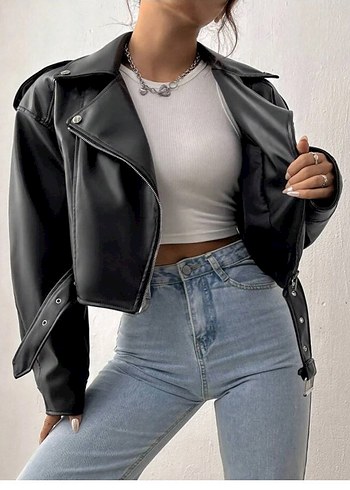 Siyah Kemerli Deri Biker Ceket - Görsel 2