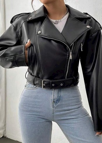 Siyah Kemerli Deri Biker Ceket - Görsel 3