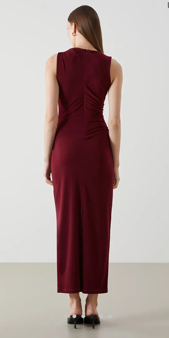 Klasik Bordo Drapeli Uzun Elbise - Görsel 2