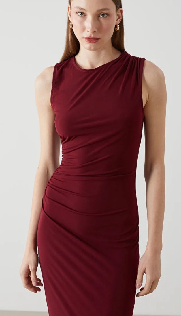 Klasik Bordo Drapeli Uzun Elbise - Görsel 3