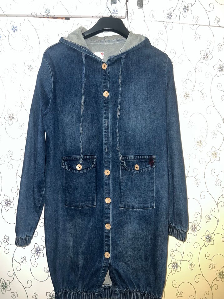 Düğmeli Kapüşonlu Lacivert Kot Ceket - Görsel 5