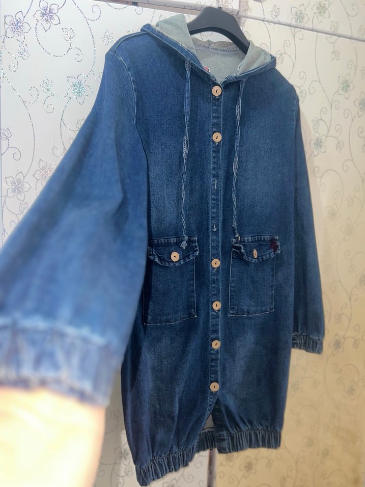 Düğmeli Kapüşonlu Lacivert Kot Ceket - Görsel 3