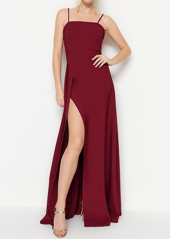 Bordo Uzun Drapeli Askılı Elbise - Görsel 2