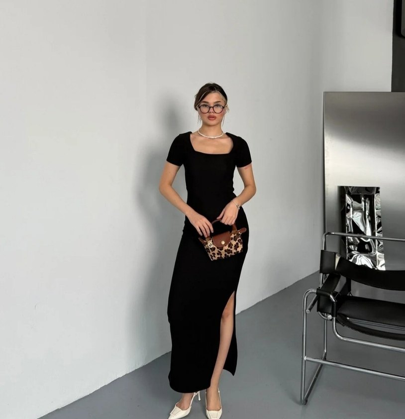 Siyah Kadın Uzun Elbise, Kısa Kollu, Dar Kesim - Görsel 2