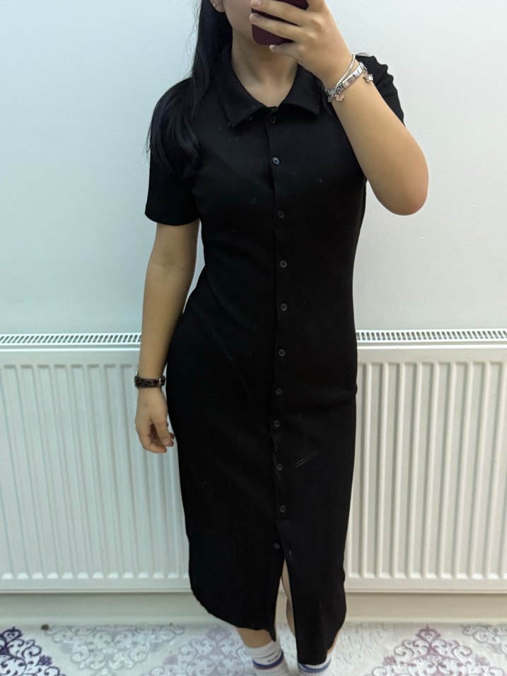 Siyah, Balon Kollu, Midi Boy Kadın Ofis Elbisesi - Görsel 3