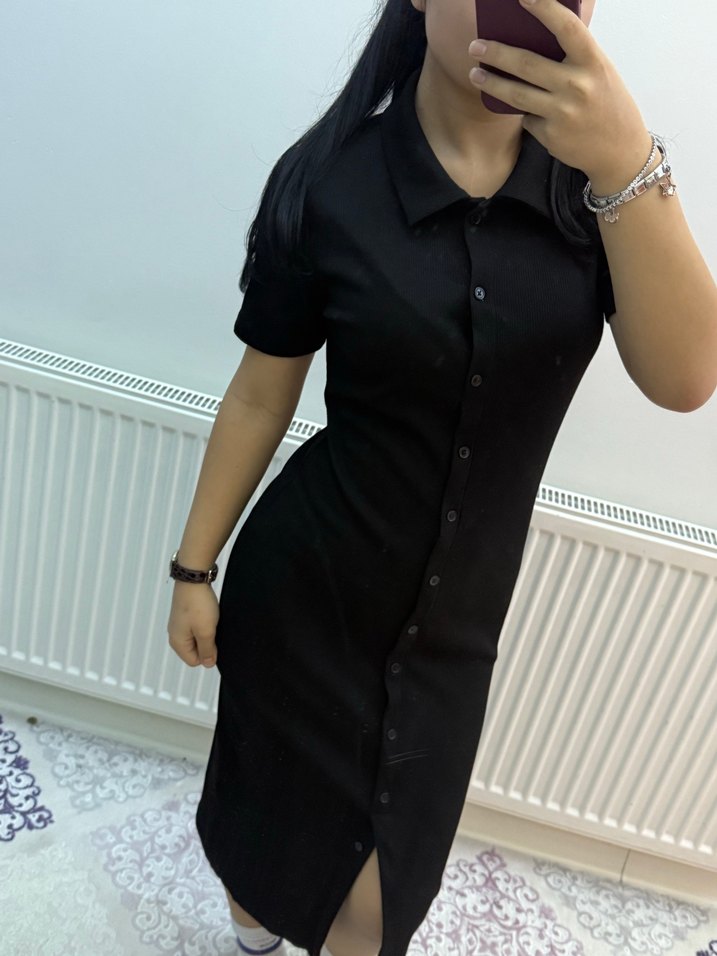 Siyah, Balon Kollu, Midi Boy Kadın Ofis Elbisesi - Görsel 2