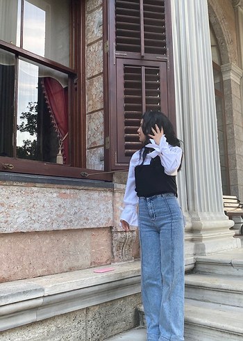 Beyaz Bağlama Desenli Rahat Kesim Kadın Jean - Görsel 2