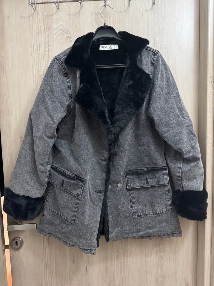 Siyah Kürklü Gri Denim Kadın Ceket - Görsel 2