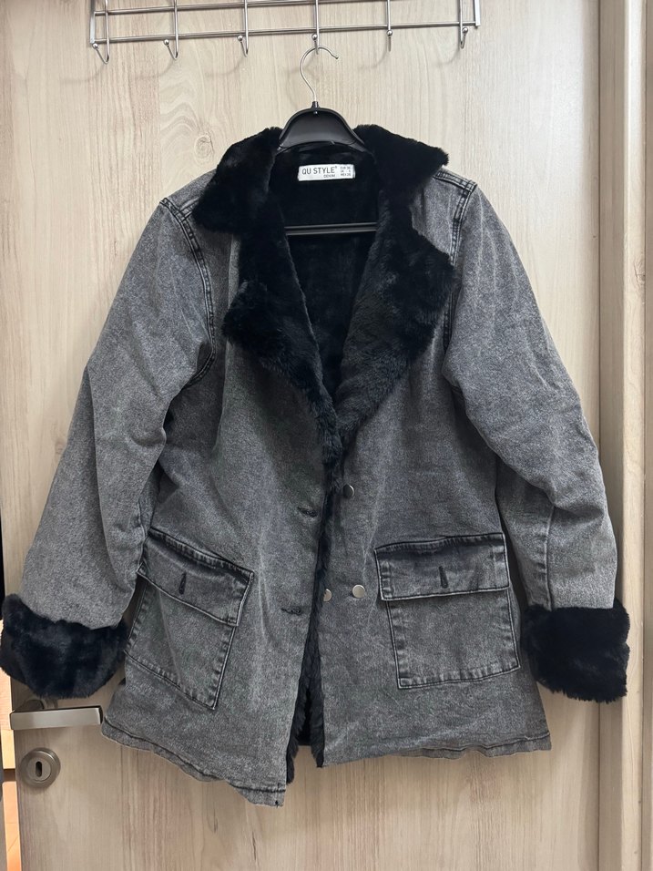 Siyah Kürklü Gri Denim Kadın Ceket - Görsel 3