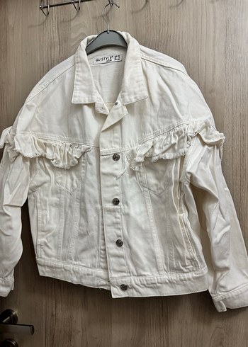 Beyaz Kadın Fırfırlı Keten Denim Ceket