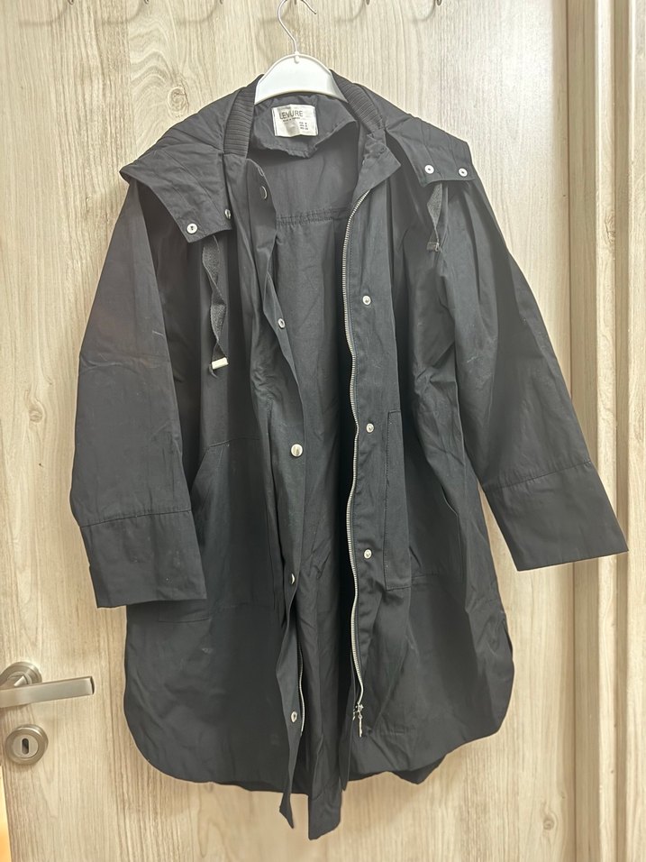 Kadın Siyah Kapüşonlu Uzun Keten Yağmurluk - Görsel 4