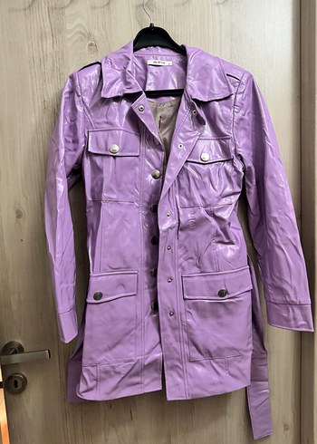 Mor Parlak Midi Deri Kadın Ceket - Görsel 4