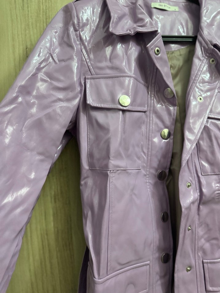 Mor Parlak Midi Deri Kadın Ceket - Görsel 3