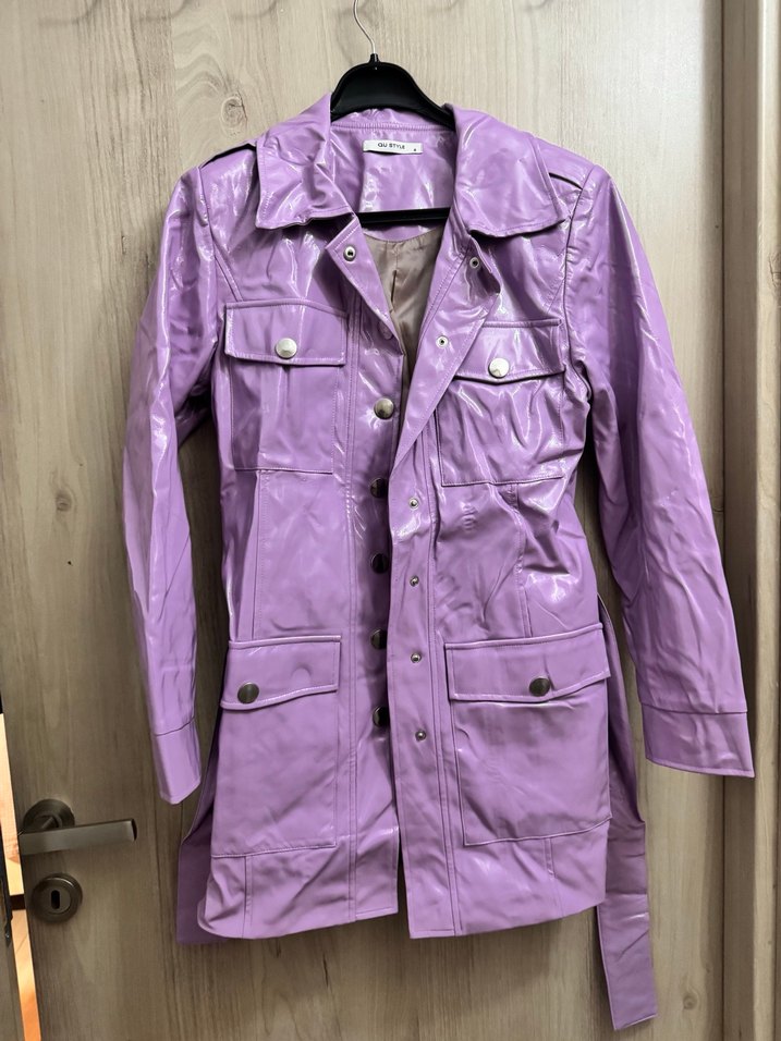 Mor Parlak Midi Deri Kadın Ceket - Görsel 4