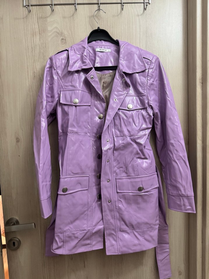 Mor Parlak Midi Deri Kadın Ceket - Görsel 5