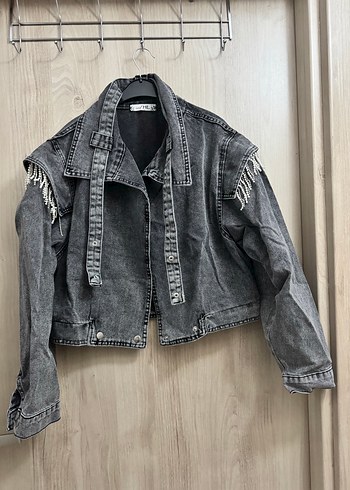 Diğer Gri Kemerli Kısa Denim Ceket