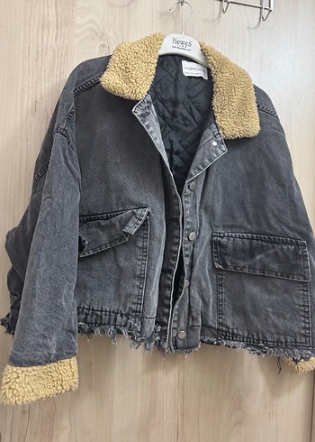 Gri Kadın Peluş Detaylı Kot Ceket - Görsel 3