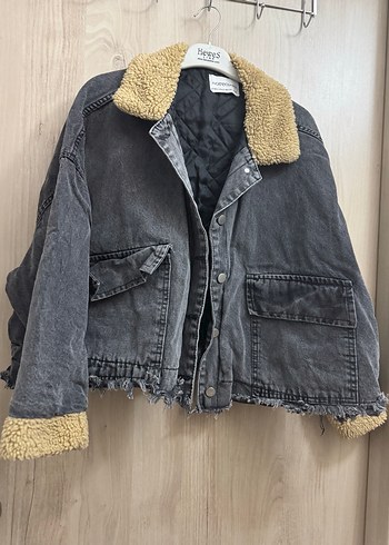 Gri Kadın Peluş Detaylı Kot Ceket - Görsel 4