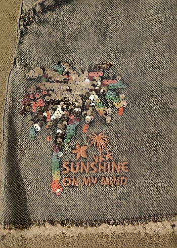 10 11 Yaş Kız Çocuk Nakışlı ve Boncuk Detaylı Gri Mini Kot Şort - Görsel 5