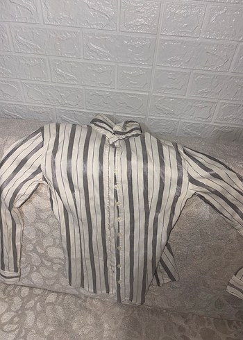 Düğmeli Gri Çizgili Keten Kadın Gömlek - Görsel 2