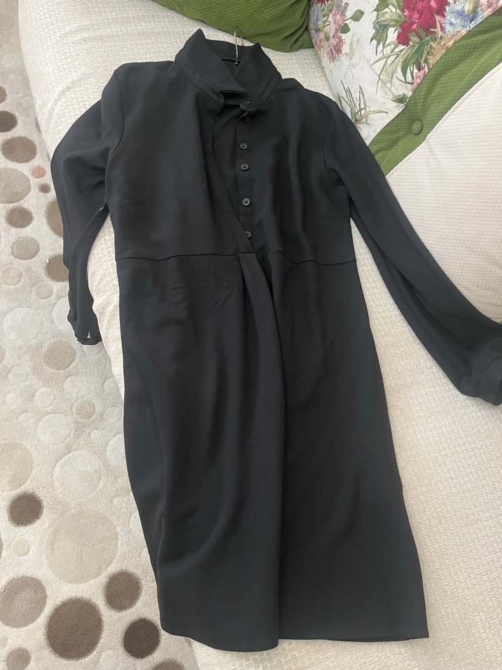 Siyah Uzun Kollu midi boy ofis elbise - Görsel 4